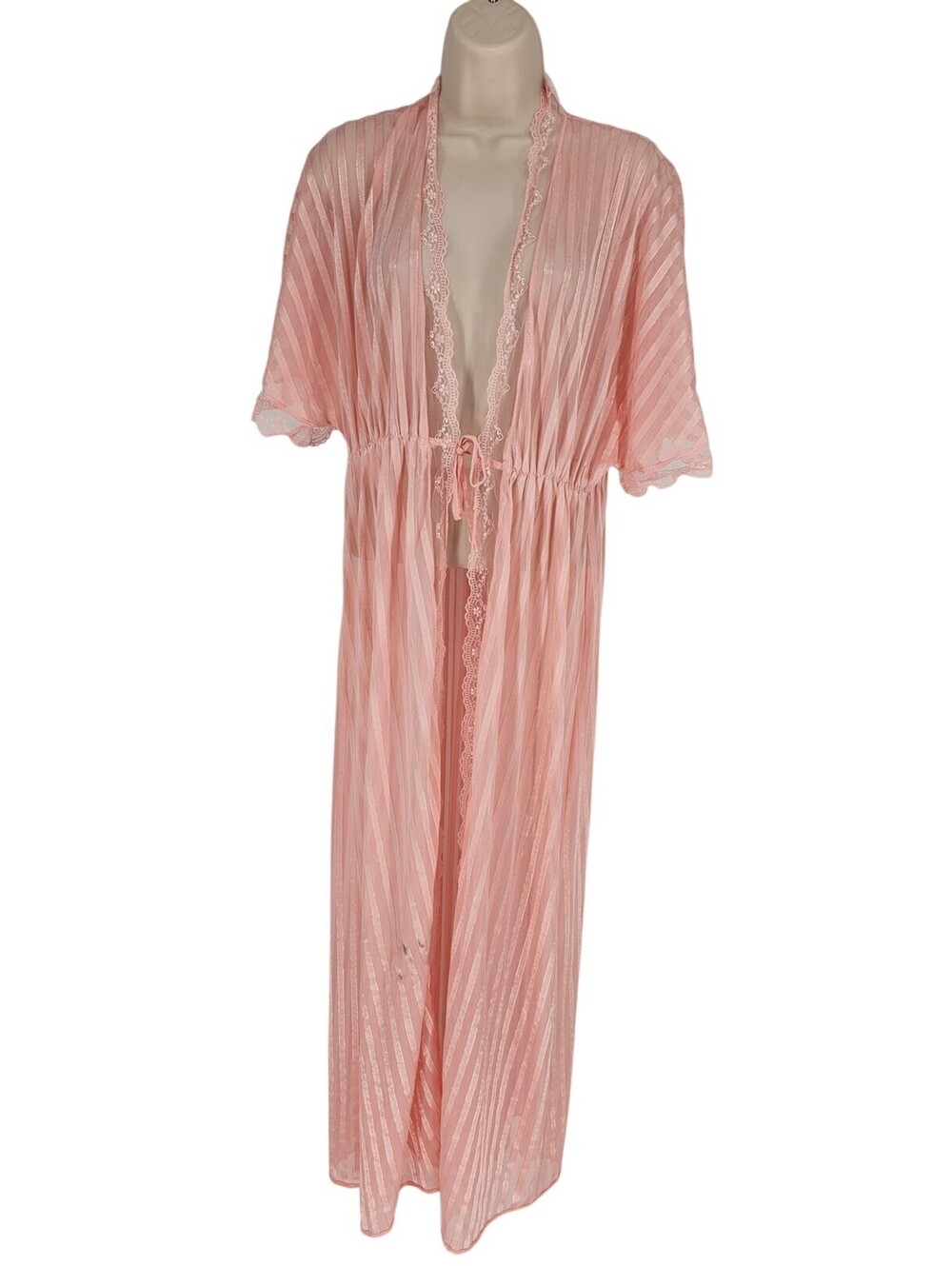 Vintage Debenhams Womens Sz 12 Maxi Length Open Front Robe Peach w/ Lace Trim